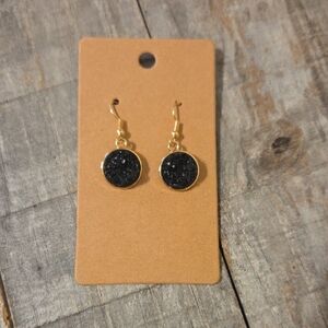 NEW Druzy Sparkly Drop Crystal Round Pendant Dangly Earrings Black & Gold